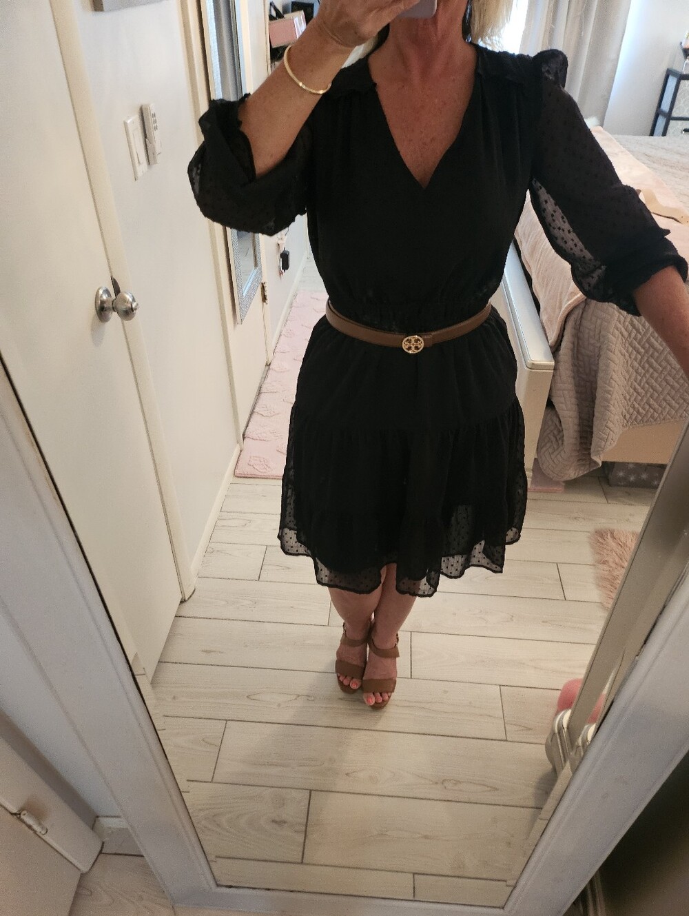 LOFT Black V-Neck Tiered Dress with Sheer Dotted Sleeves